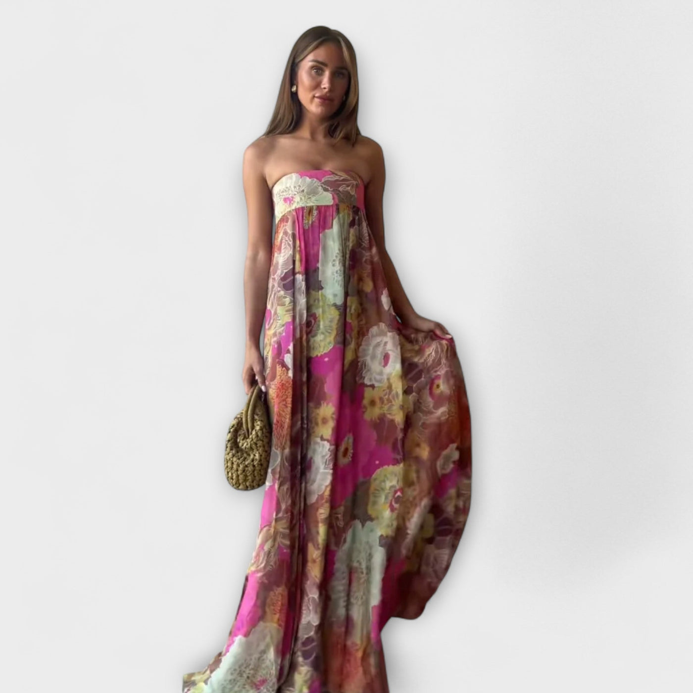 Schickes Retro Trägerloses Plissiertes Maxikleid