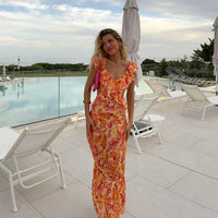 Damen Bedruckt mit Rüschendetails Maxi Sommerkleid in Orange