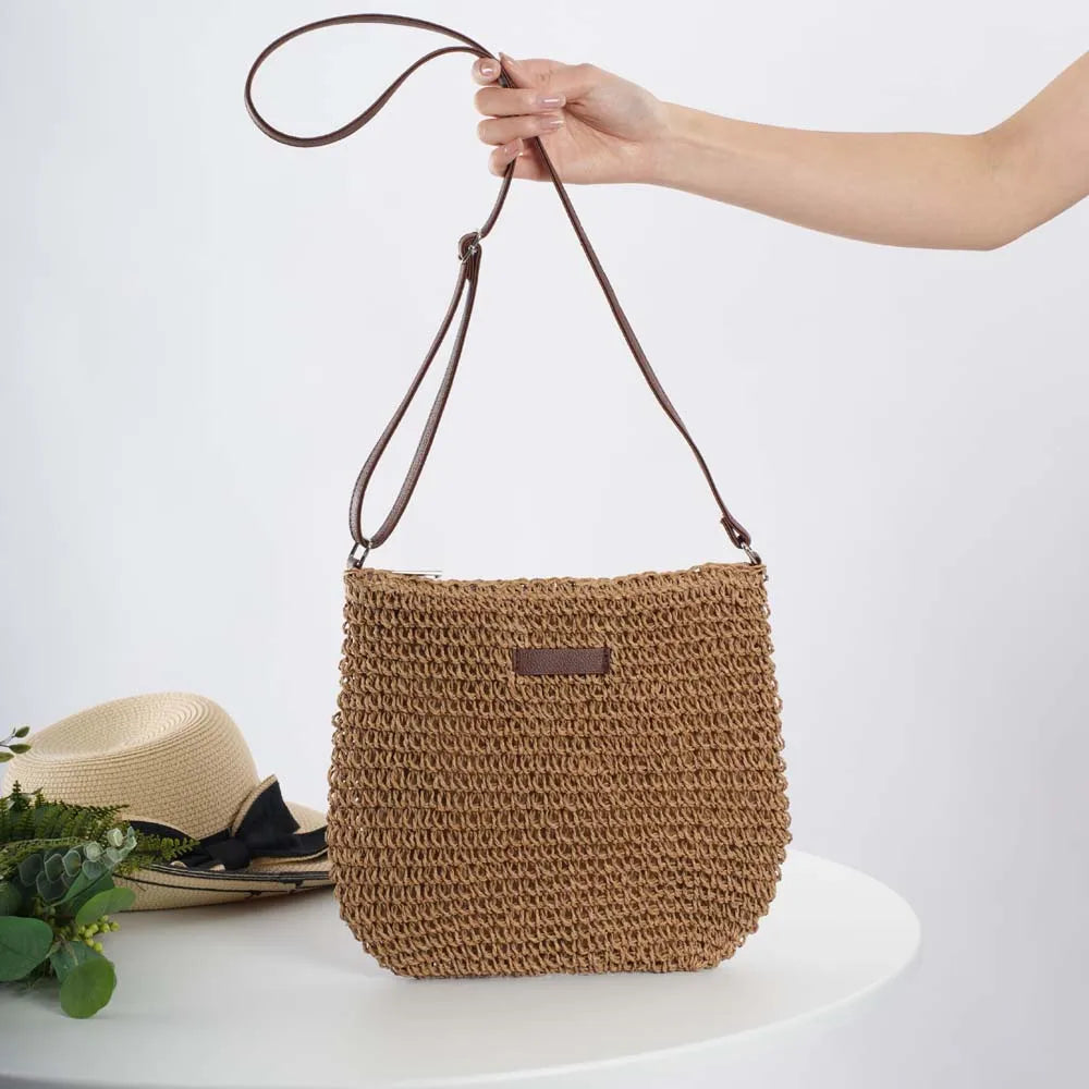 Moderne Damen Schultertasche aus Stroh mit Reißverschluss-Innentasche für den Sommer