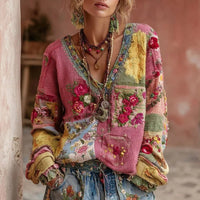 Strickjacke Damen Floraler Patchwork-Cardigan mit V-Ausschnitt Langarmjacke in Rosa