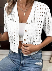 Strickjacke Damen Kurzarm Häkel-Cardigan mit V-Ausschnitt – Lässiger Cardigan für Sommerlooks in Weiß