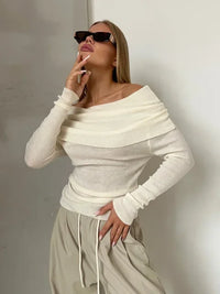 Damen Schulterfrei Lang Shirt in Creme