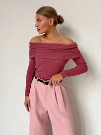 Damen Schulterfrei Lang Shirt in Rot