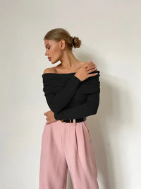 Damen Schulterfrei Lang Shirt in Schwarz