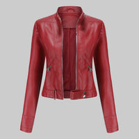 Lara | Damen Casual Gürtel Bikerlederjacke in Rot