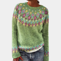 Strickpullover Damen Gemustert Rundhals | Warm & Bunt in Grün