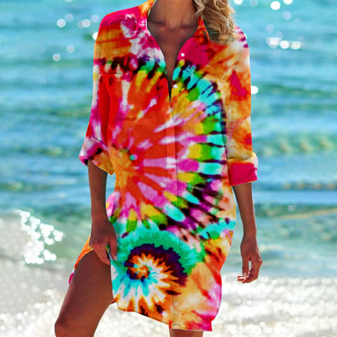 Valencia - Seaside Chic – Langärmliges Strandkleid mit nautischem Print | Ocean Dream Leichtes Strand-Überkleid mit Knopfleiste