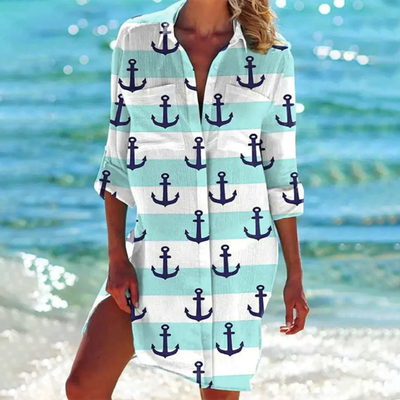 Valencia - Seaside Chic – Langärmliges Strandkleid mit nautischem Print | Ocean Dream Leichtes Strand-Überkleid mit Knopfleiste