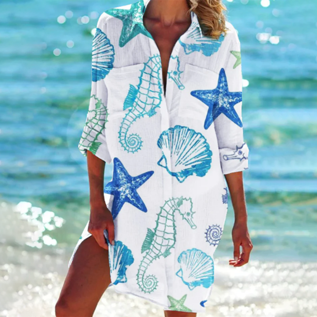 Valencia - Seaside Chic – Langärmliges Strandkleid mit nautischem Print | Ocean Dream Leichtes Strand-Überkleid mit Knopfleiste