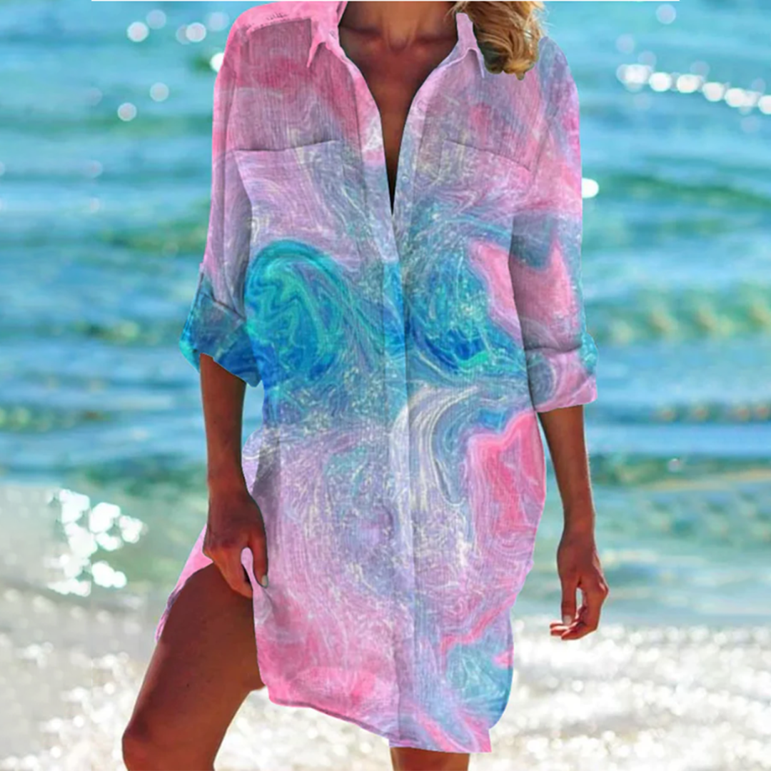 Valencia - Seaside Chic – Langärmliges Strandkleid mit nautischem Print | Ocean Dream Leichtes Strand-Überkleid mit Knopfleiste