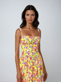 Florales Midikleid aus leichter Baumwollmischung für Damen in Gelb