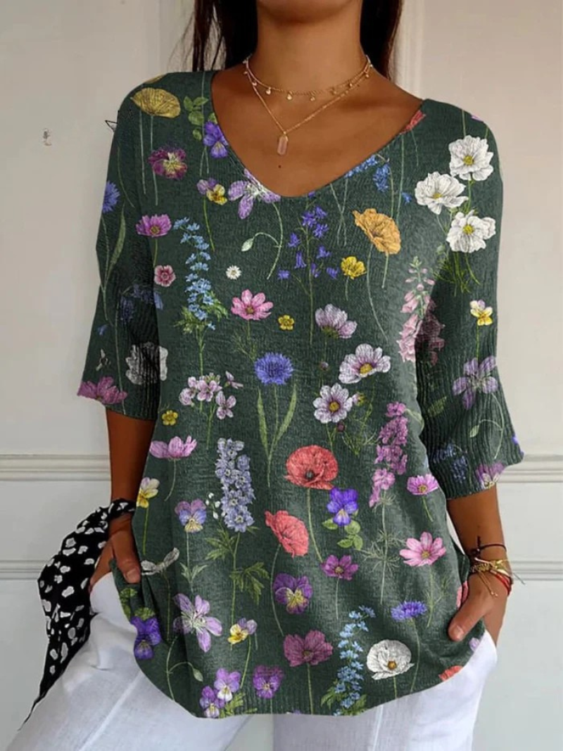 Mavie® | Lebhaftes Frühlings-Botanischer Garten Muster Gedruckter Damen Casual Pullover Strick