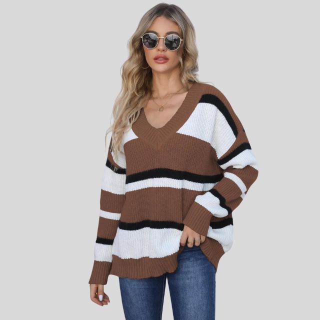 Emma - Lässiger V-Ausschnitt Pullover mit Kontraststreifen