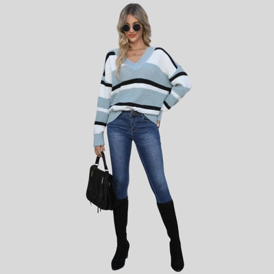 Emma - Lässiger V-Ausschnitt Pullover mit Kontraststreifen