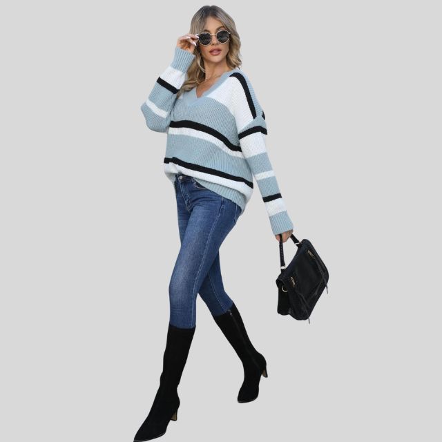 Emma - Lässiger V-Ausschnitt Pullover mit Kontraststreifen