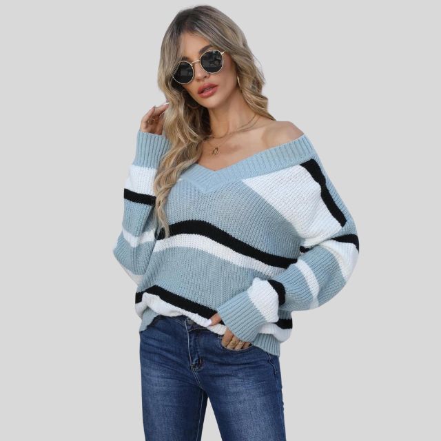 Emma - Lässiger V-Ausschnitt Pullover mit Kontraststreifen