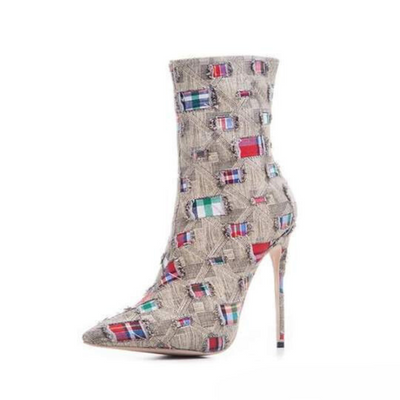 Damen-Stiefeletten mit Patchwork-Design und Stilettoabsatz – Stylische High-Heel-Boots für den besonderen Look