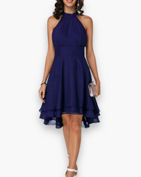 Damen Elegantes Rüschendes Kleid | Midi Festliches Kleid in Dunkelblau