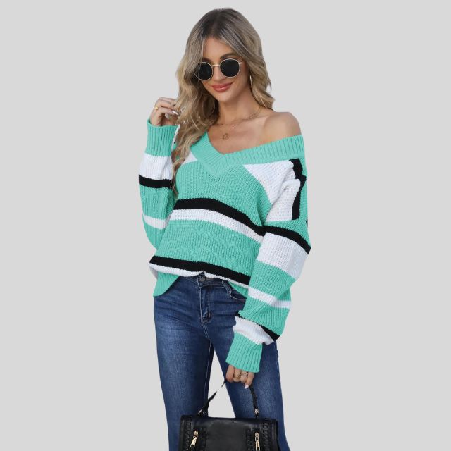 Emma - Lässiger V-Ausschnitt Pullover mit Kontraststreifen