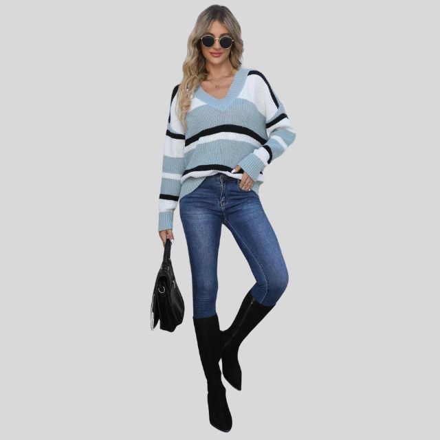 Emma - Lässiger V-Ausschnitt Pullover mit Kontraststreifen