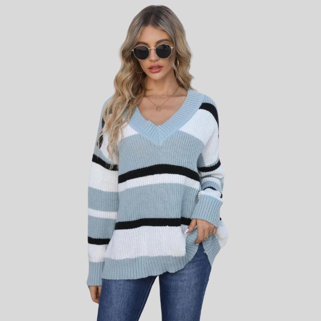 Emma - Lässiger V-Ausschnitt Pullover mit Kontraststreifen