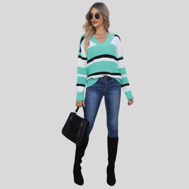 Emma - Lässiger V-Ausschnitt Pullover mit Kontraststreifen