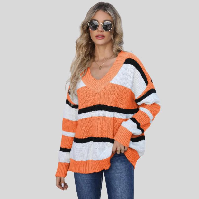 Emma - Lässiger V-Ausschnitt Pullover mit Kontraststreifen