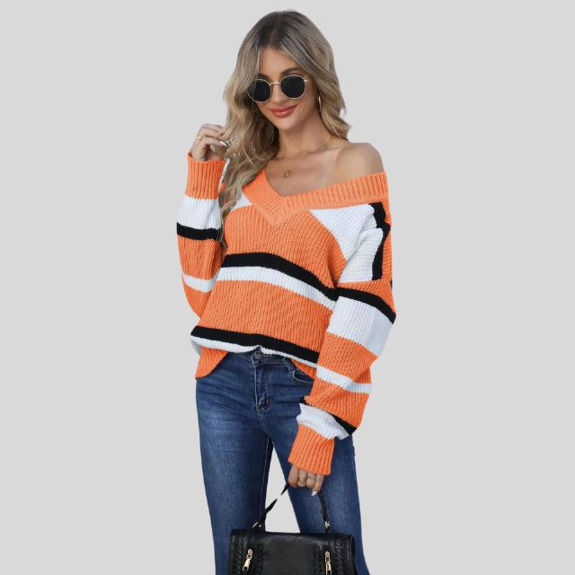 Emma - Lässiger V-Ausschnitt Pullover mit Kontraststreifen