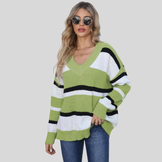 Emma - Lässiger V-Ausschnitt Pullover mit Kontraststreifen