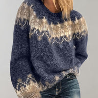Norweger Grobstrickpullover Damen | Rundhalsausschnitt Mit Muster in Blau