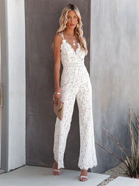 Eleanor | Tiefer V-Ausschnitt Spaghettiträger Jumpsuit in Weiß