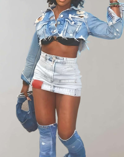 Vivian - Blaue verkürzte Jeansjacke mit Knopfleiste und Rissmuster Jacke