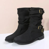 Damen Dirndl Schuhe | Mittelhohe Stiefel Mit Schnallenriemen in Schwarz