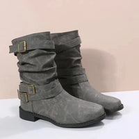 Damen Dirndl Schuhe | Mittelhohe Stiefel Mit Schnallenriemen in Grau