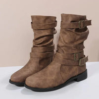 Damen Dirndl Schuhe | Mittelhohe Stiefel Mit Schnallenriemen in Braun