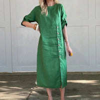 Adelie™ Baumwoll-Leinenkleid mit seitlichen Knöpfen und raffiniertem Schlitz / Bewegung und Eleganz in der richtigen Dosierung! in Grün