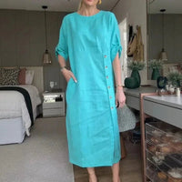 Adelie™ Baumwoll-Leinenkleid mit seitlichen Knöpfen und raffiniertem Schlitz / Bewegung und Eleganz in der richtigen Dosierung! in Cyan