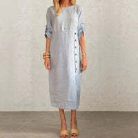 Adelie™ Baumwoll-Leinenkleid mit seitlichen Knöpfen und raffiniertem Schlitz / Bewegung und Eleganz in der richtigen Dosierung! in Blau