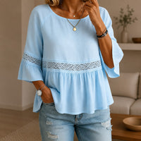 Alina™ Bluse aus Baumwoll-Leinen mit Zarter Spitze und Ausgestellten Ärmeln in Blau