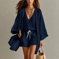 Alena™ Set aus Visco-Leinen mit Leichtem Kimono in Marineblau