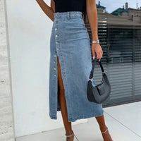Lorena™ Jeansrock mit Knopfleiste vorn und elegantem Schlitz in Hellblau