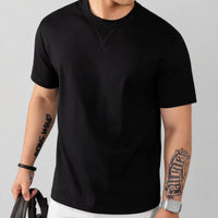 Louis™ Premium-Strick-T-Shirt mit geripptem Rundhalsausschnitt in Schwarz