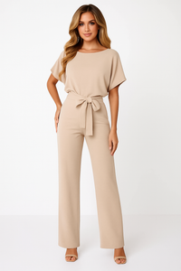 Natalie | Kurzarm Weites Bein Jumpsuit in Beige