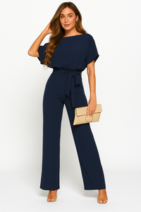 Natalie | Kurzarm Weites Bein Jumpsuit in Dunkelblau