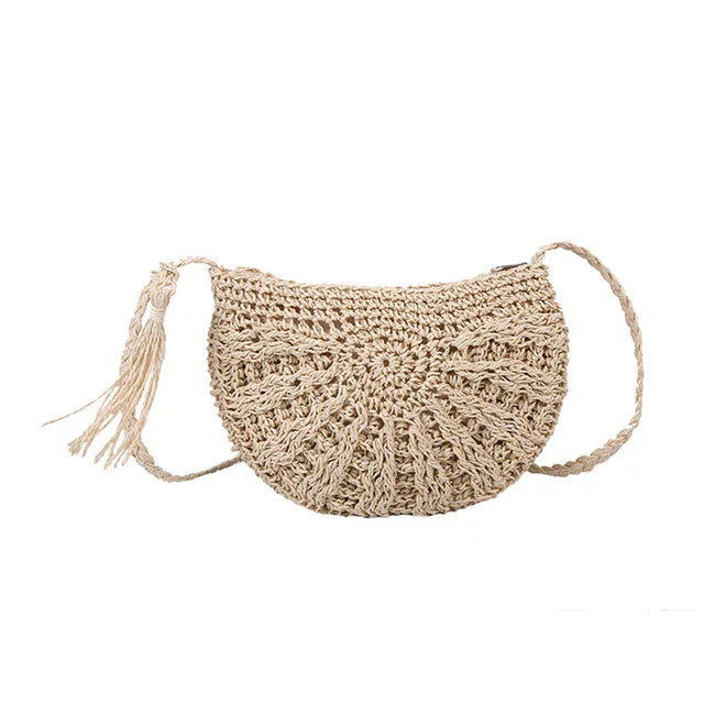 Boho-Chic Handgewebte Stroh-Crossbody-Tasche im Halbmond-Design