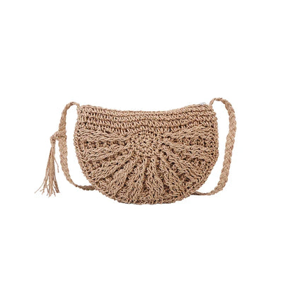 Boho-Chic Handgewebte Stroh-Crossbody-Tasche im Halbmond-Design