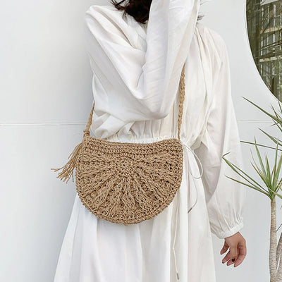 Boho-Chic Handgewebte Stroh-Crossbody-Tasche im Halbmond-Design