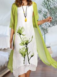 Johanna | Damen Lagenlook Ärmelloses Chiffon Cardigan Set Midikleid in Hellgrün