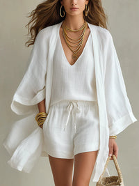 Antje | 3-teiliges Set mit Cardigan und Shorts in Weiß