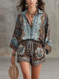 Carlotta | Hemd & Shorts-Set mit Barockdruck in Blau/Braun